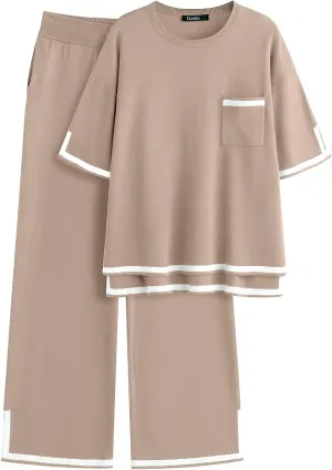 ZANZEA Women's 2 Piece Outfits Lounge Sets Short Sleeve Knit Pullover Tops Wide leg Pajama Sets with Pockets