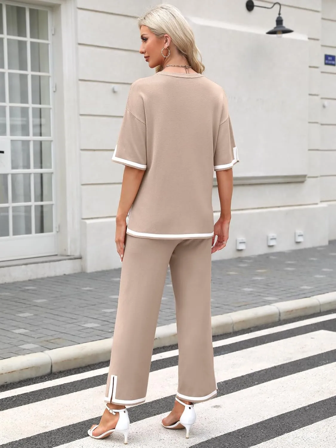 ZANZEA Women's 2 Piece Outfits Lounge Sets Short Sleeve Knit Pullover Tops Wide leg Pajama Sets with Pockets