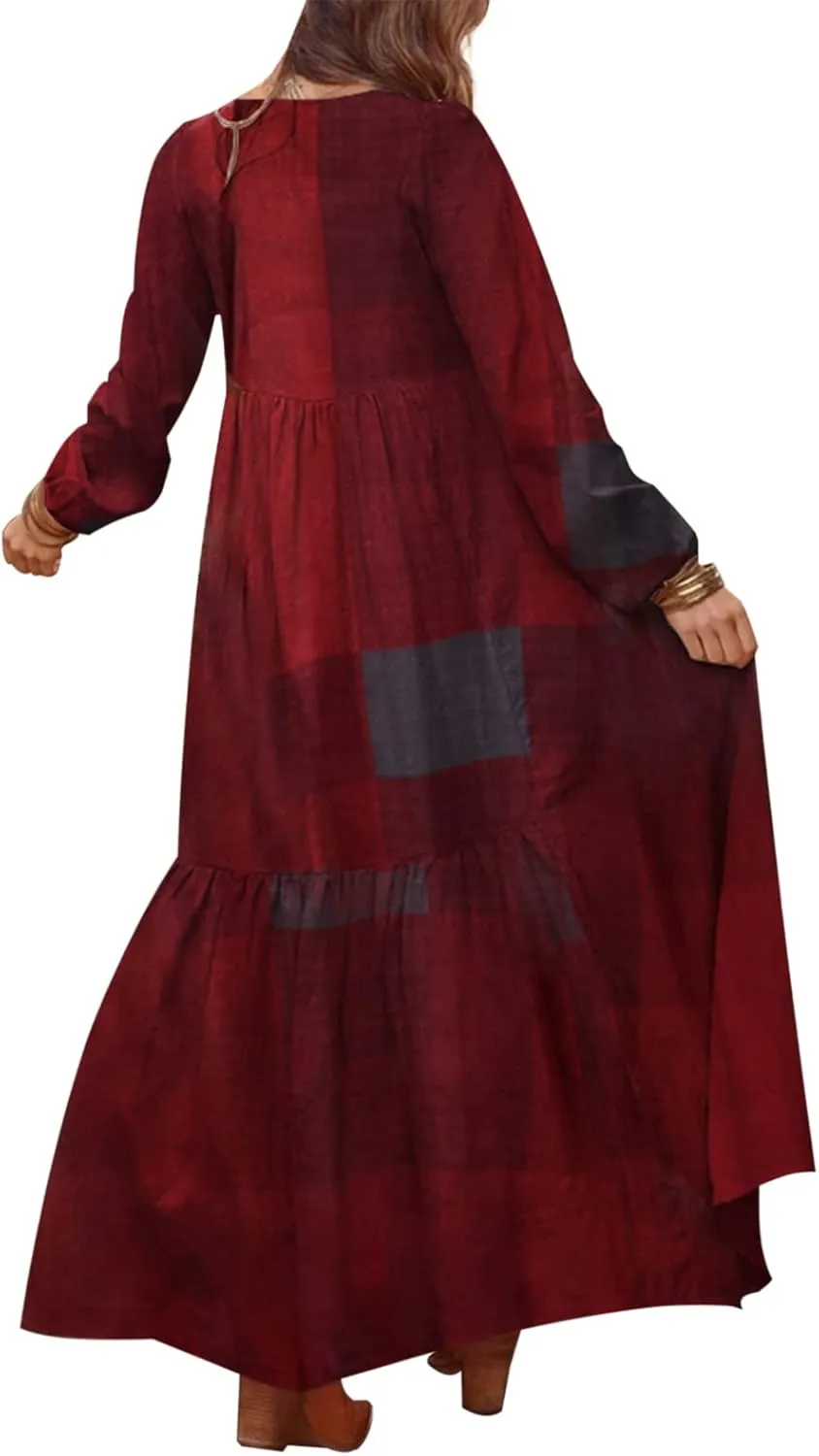 ZANZEA Women's Casual Maxi Dress Long Sleeve Loose V Neck Printed Kaftan Party Check Plaid Shrit Dress Puff Sleeve