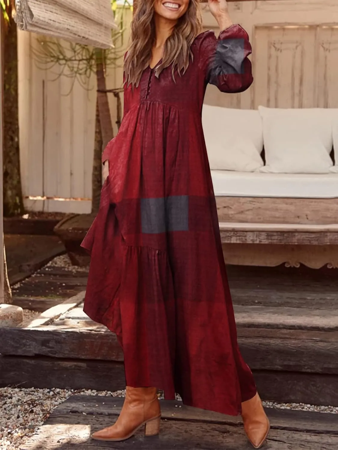 ZANZEA Women's Casual Maxi Dress Long Sleeve Loose V Neck Printed Kaftan Party Check Plaid Shrit Dress Puff Sleeve