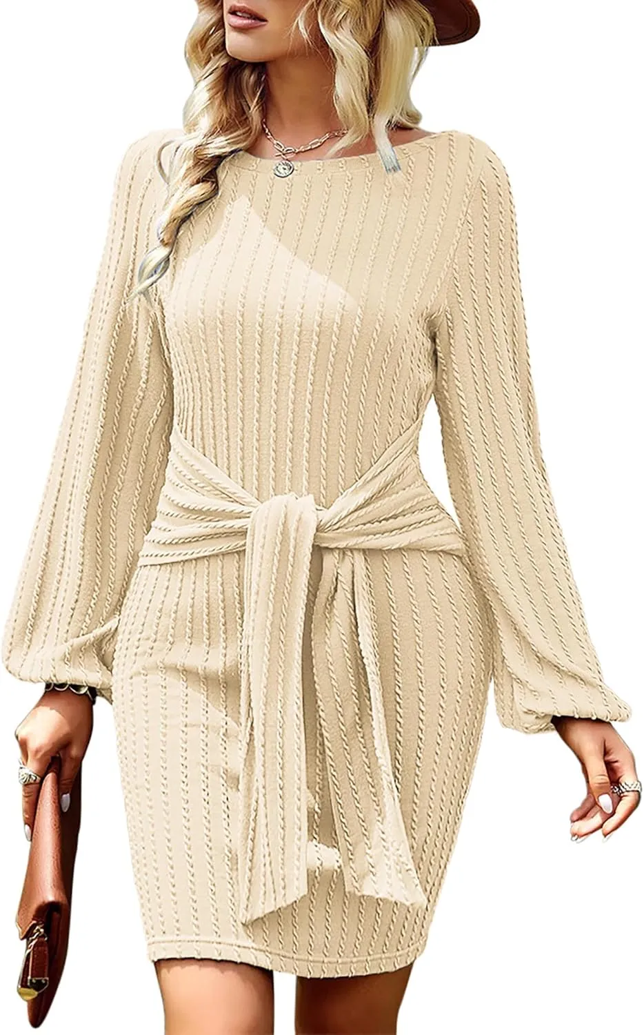 Zeagoo Women's Casual Knit Dress Fall Long Sleeve Bodycon Dress Crewneck Tie Waist Rib Knitted Sweater Dresses