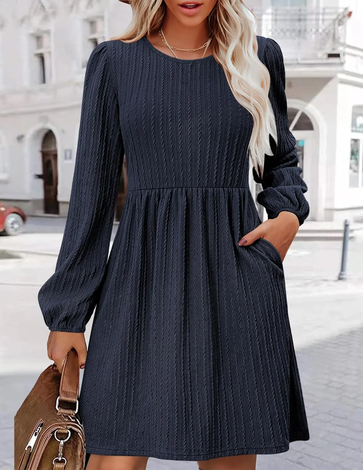 Zeagoo Women's Casual Knit Sweater Dress with Pockets Crew Neck Long Sleeve A-Line Dresses for Women 2024 Fall Dresses