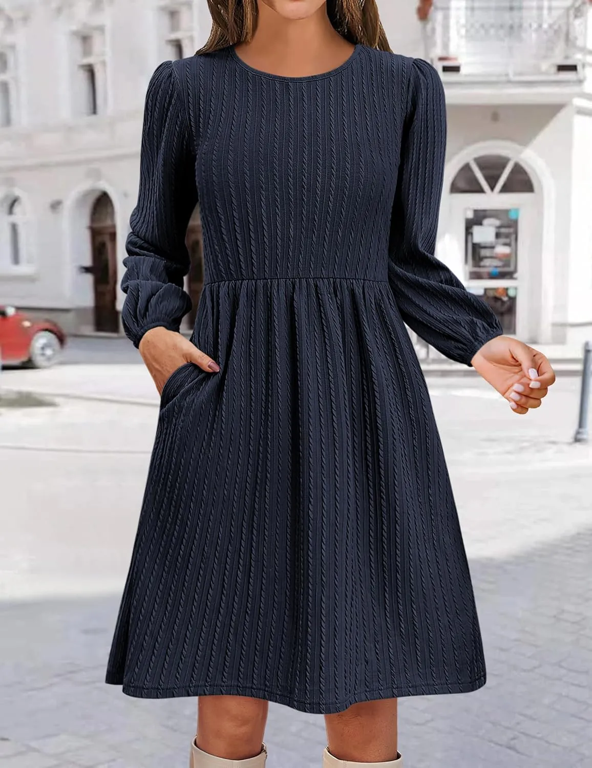 Zeagoo Women's Casual Knit Sweater Dress with Pockets Crew Neck Long Sleeve A-Line Dresses for Women 2024 Fall Dresses