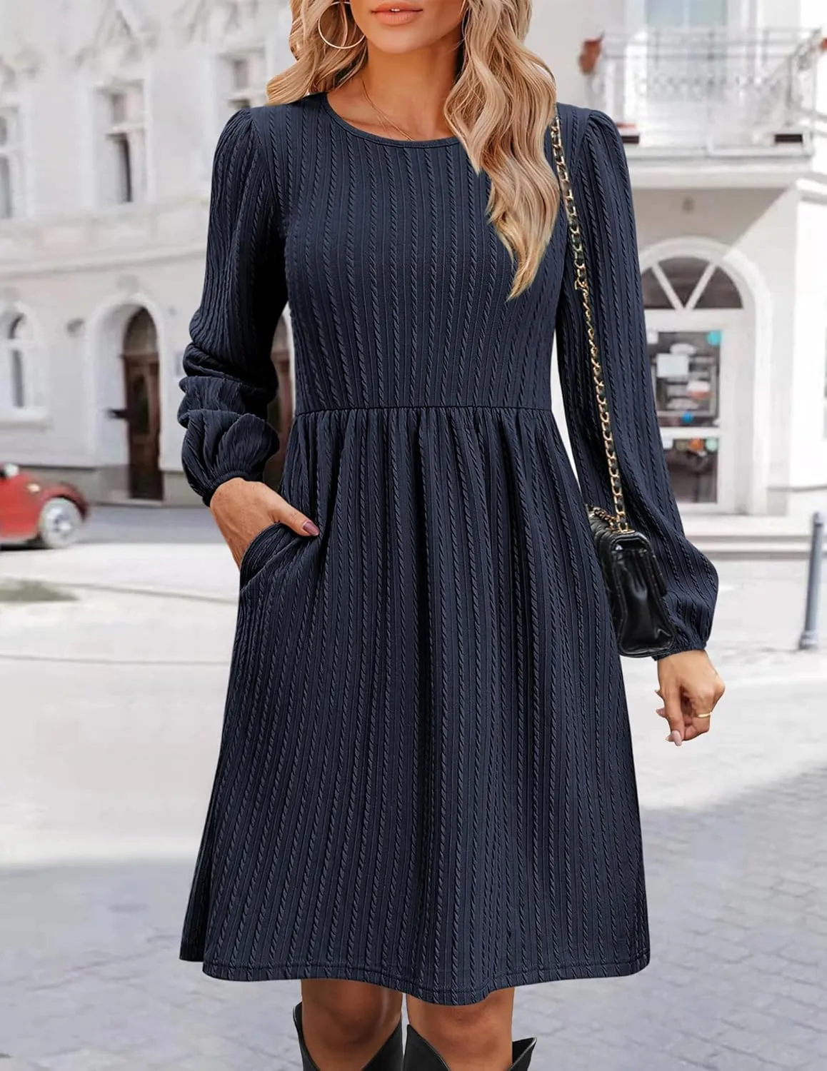 Zeagoo Women's Casual Knit Sweater Dress with Pockets Crew Neck Long Sleeve A-Line Dresses for Women 2024 Fall Dresses