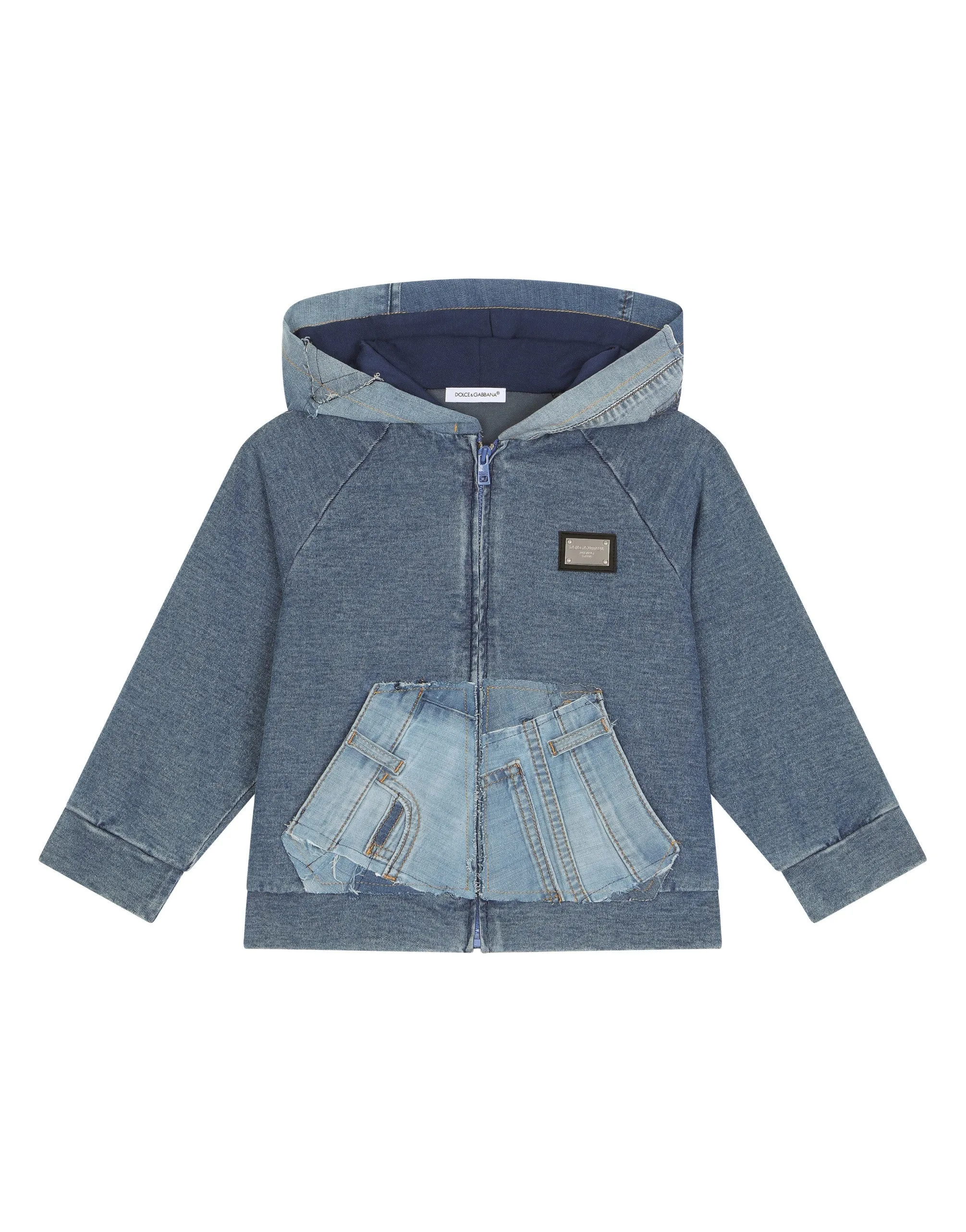 Zip-up stretch jersey denim hoodie