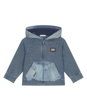 Zip-up stretch jersey denim hoodie